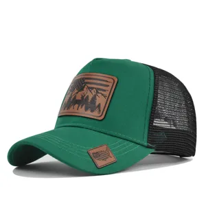 Green trucker hat with leather patch mesh baseball cap outdoor hunting summer sun hat 1pc