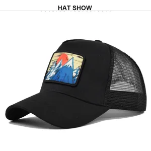 Schwarze Mesh Trucker Cap mit Berg Sonne Stickerei Patch, atmungsaktive Baseballkappe.