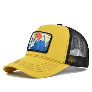 Sommer gelb schwarze Mesh Trucker Cap mit Berg Sonne Stickerei Patch Freizeit Baseball Mütze