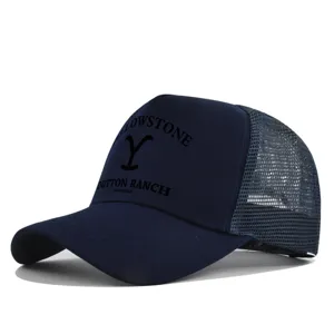 Classic navy blue mesh trucker hat with Yellowstone Dutton Ranch printed logo style.