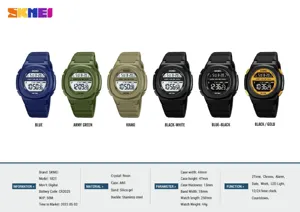 SKMEI digital sports watch detail view showcasing multiple color variants and technical specs.