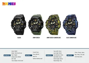 Detailed specifications, dimensions and multi-color options of SKMEI digital sports watch.