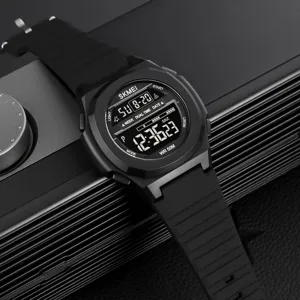 Detailed shot of SKMEI black digital sports watch with waterproof design and rubber strap.