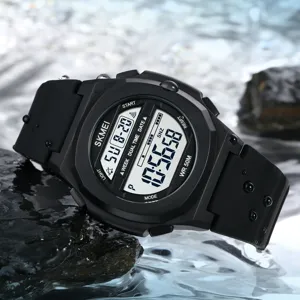 Black digital sports watch for men, waterproof outdoor wristwatch with alarm and LED backlight.