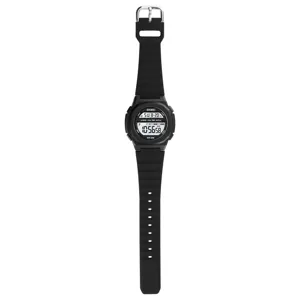 Black digital sports watch with resin strap, waterproof wristwatch for outdoor daily wear.