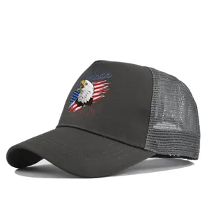 Detailed view of grey mesh baseball cap with American eagle graphic print for men and women.