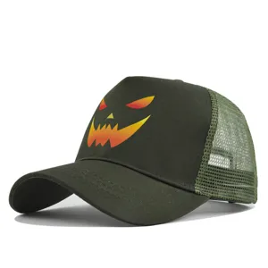 Halloween pumpkin print trucker hat breathable mesh baseball cap for men and women stylish.