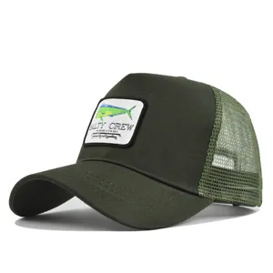 Green mesh trucker hat with fish patch, breathable summer baseball cap for outdoor fishing.