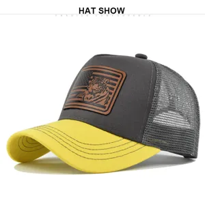 Mesh Baseballcap mit Tiger Lederaufnäher, grau gelbe Trucker Cap für den Sommer und Freizeit.
