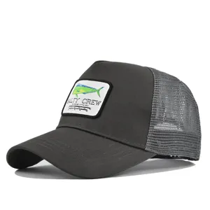 Dark grey trucker hat with embroidered mahi-mahi fish logo for summer outdoor fishing.