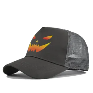 Halloween printed baseball cap with breathable mesh back and spooky pumpkin face for adults.