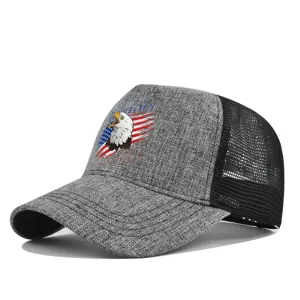 Classic grey mesh trucker hat featuring an American eagle flag print, breathable and stylish.