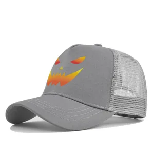 Grey trucker hat detail showing Halloween pumpkin evil face print and breathable mesh design.