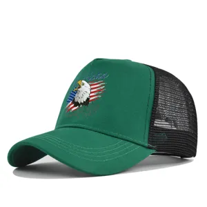 Green and black mesh baseball cap detail showing eagle print and curved brim design for summer.