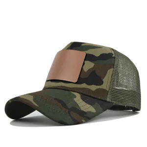 Camouflage mesh honkbalpet met blanco lederen patch zomer trucker hoed ademende outdoor zonnekap
