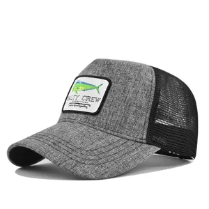 Grey mesh baseball cap with mahi-fish embroidery patch, breathable trucker hat for summer.