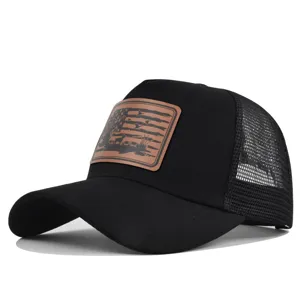 Black trucker hat with hunting leather patch, breathable mesh back, adjustable summer cap.