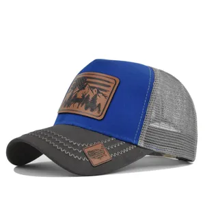 Outdoor hunting mesh baseball cap detail with deer leather patch and breathable summer design.