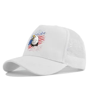 White mesh baseball cap with American eagle graphic print, breathable summer sun hat for men women