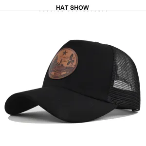 Gorra de béisbol de malla negra sombrero de sol de verano con elegante parche de cuero.