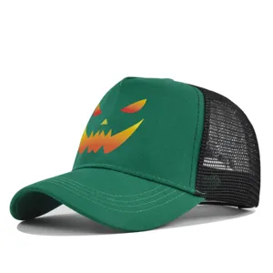 Green Halloween pumpkin print trucker hat, black mesh back, breathable mesh baseball cap detail.