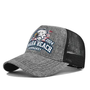 Classic grey trucker hat with eagle print and mesh back, breathable casual cap for men and women.
