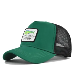 Green black mesh trucker hat with fish patch, breathable summer casual snapback cap.