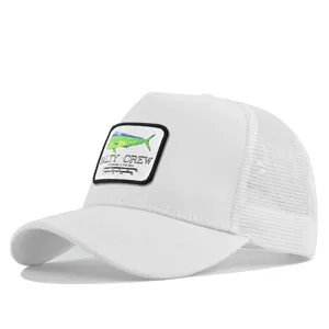 White mesh baseball cap featuring a mahi-mahi fish woven patch for summer sun protection.