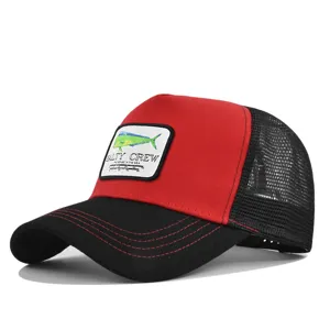 Red and black trucker baseball cap with mesh back and embroidered fishing logo patch.