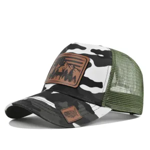 Camo mesh baseball cap with brown leather deer patch, breathable summer tactical trucker hat for men.