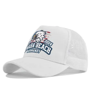 White mesh baseball hat with military eagle print, breathable trucker cap for outdoor sun.