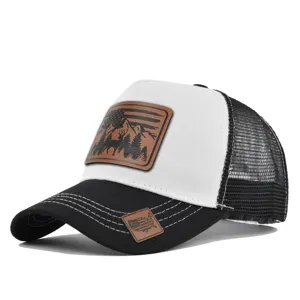 Detailed view of the mesh baseball cap with outdoor deer and flag leather patch design.