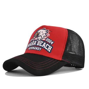Red black mesh baseball cap with eagle print, breathable fashion trucker hat for men women.