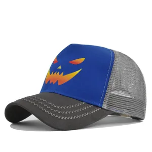 Halloween mesh baseball cap detail view, blue front with spooky pumpkin print and grey back.