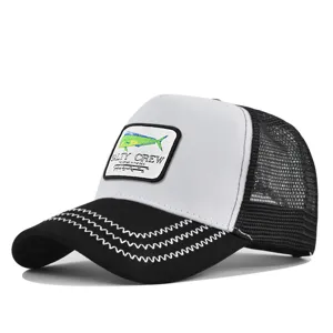 Classic black and white trucker hat with mesh back, embroidered fish patch and curved brim.