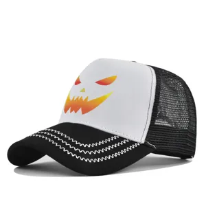 Close-up detail of Halloween pumpkin print mesh baseball cap with stylish zigzag brim stitching.