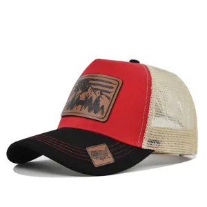 Red and black trucker hat with mesh back, leather deer mountain patch, summer baseball cap.