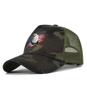 Camouflage mesh baseball cap with American eagle graphic, breathable trucker hat for outdoor.