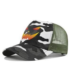 Halloween camouflage baseball cap with mesh back and spooky pumpkin face print for outdoor sun.