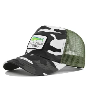 Camo mesh trucker hat with embroidered fish logo patch, stylish summer outdoor fishing cap.