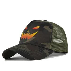Halloween camo mesh baseball cap detail view, breathable trucker hat with spooky pumpkin print.