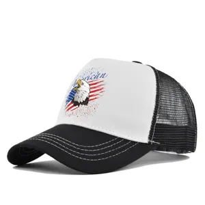 Detailed view of breathable mesh trucker hat with American eagle print and curved black brim.