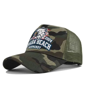 Camouflage trucker hat with eagle and Omaha Beach print, breathable mesh baseball cap for men and women.