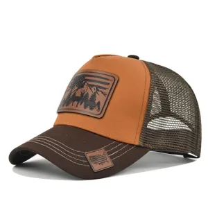 Outdoor hunting trucker cap with leather patch mesh baseball hat breathable sun protection