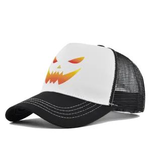 Close-up detail of Halloween pumpkin face print mesh baseball cap, breathable black and white.