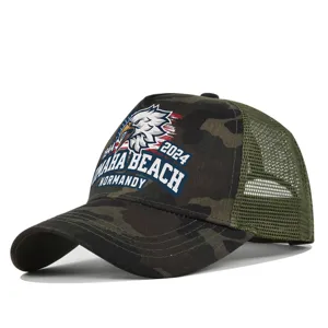 Military camo mesh baseball cap with eagle and Normandy Omaha Beach graphic print for outdoor.