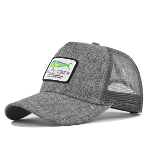 Grey trucker hat with mesh back, fishing embroidery patch and curved brim for summer outdoor.