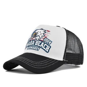 Classic Omaha Beach eagle print trucker hat, breathable mesh snapback baseball cap for men and women.
