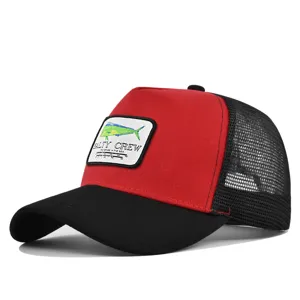 Red and black trucker hat fishing mesh snapback cap with custom embroidered fish logo
