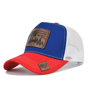 Outdoor mesh trucker hat with deer leather patch, classic red blue baseball cap sun hat